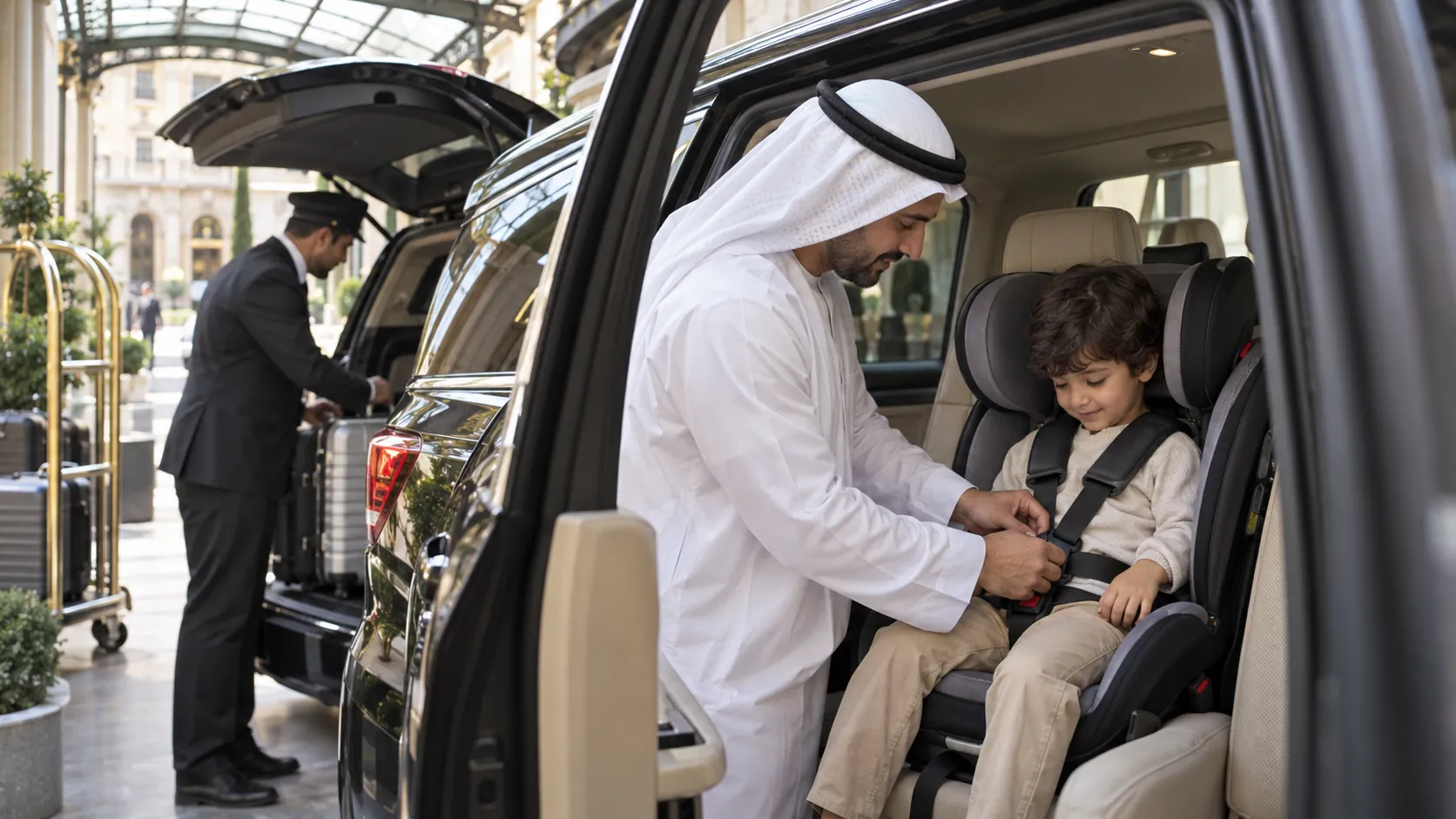 Car with family driver in Milan, baby seats and luggage.