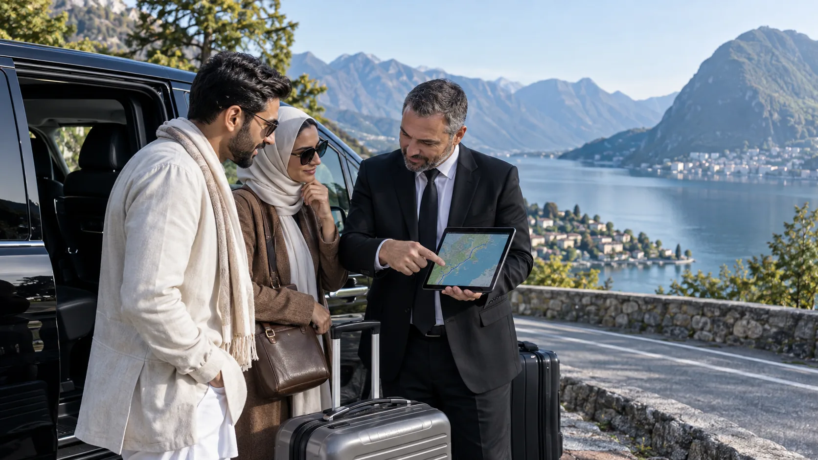 Car with a driver from Milan to Lugano and a transit and stop plan.